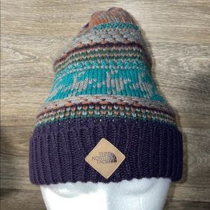 The North Face Fair Isle Purple Teal  Grey Deer One Size Beanie Leather Patch